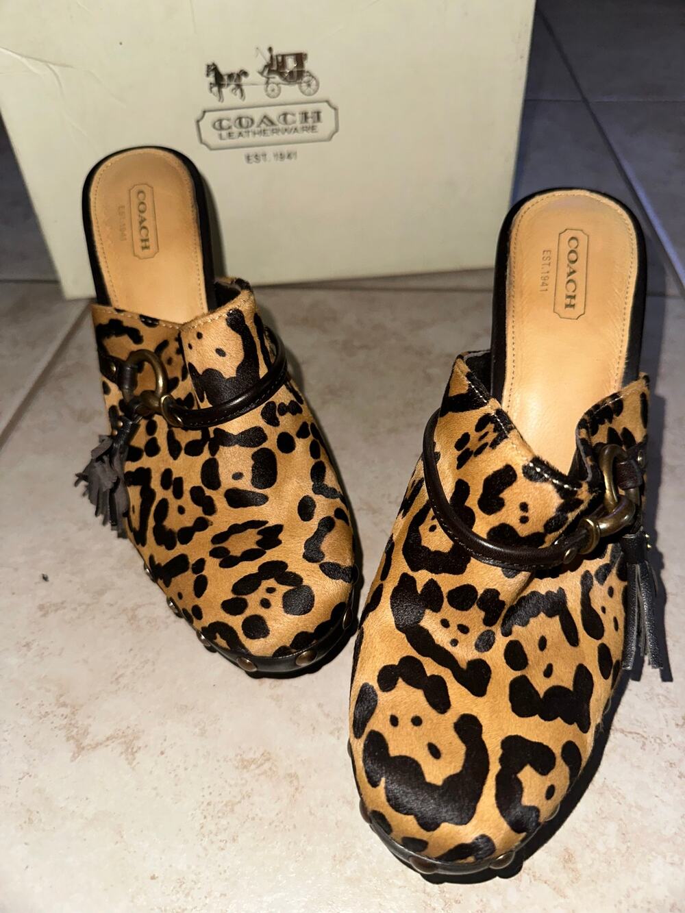 Coach Rana Ocelot Leopard Print Haircalf Mule Heels Size 9.5 M Tassel Studs
